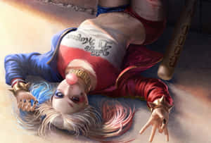 哈莉·奎茵躺在街道小巷中，身旁放著一支棒球棍。