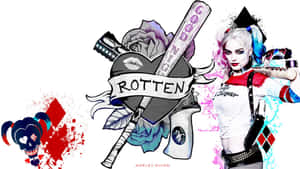 哈莉·奎茵手持帶有玫瑰和「Rotten」橫幅的棒球棍。 — 哈莉·奎茵 壁紙