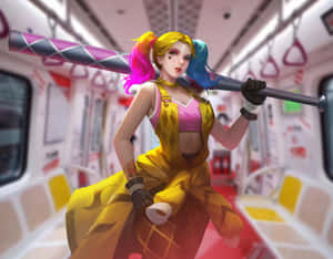 哈莉·奎茵在地鐵車廂內手持棒球棍，梳著彩色雙馬尾。 — 哈莉·奎茵 壁紙