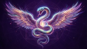 一條發光的帶翼蛇在神秘的紫色環境中纏繞著光源。