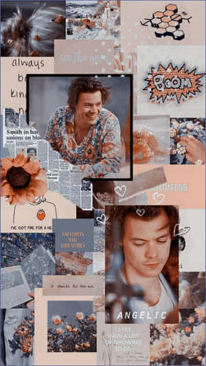 帶有 Harry Styles 照片、花朵和勵志語錄的柔和色調拼貼。