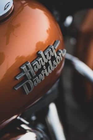 焦點清晰的光澤銅色電單車油缸，帶有鍍鉻Harley-Davidson標誌。