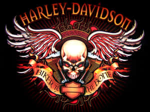 Harley-Davidson 骷髏頭帶翅膀，引擎交叉在橫幅後面。