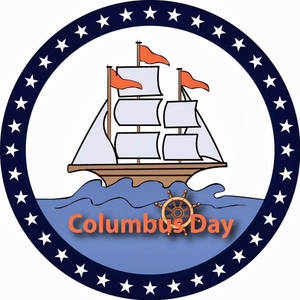 Columbus Day 徽章，帶有橙色旗幟的帆船和船舵在藍色波浪上。