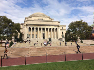 學生在一座宏偉的大學建築前的寬闊石階上行走和坐著。
