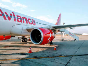 Avianca 飛機停泊在機場閘口，停機坪上有橙色安全錐體。 — 飛機 壁紙