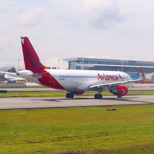 Avianca 飛機在機場停機坪上，背景有綠色草地和客運大樓。
