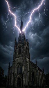 哥德式教堂在戲劇性的雷暴下，烏雲密布。 — 閃電 GIF 壁紙
