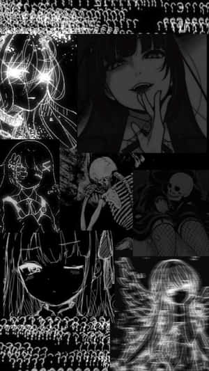 黑白動漫拼貼，帶有發光輪廓和骷髏圖像。