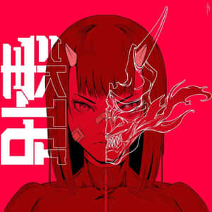 動漫女孩，半張臉像惡魔，紅色背景上有漢字文字。