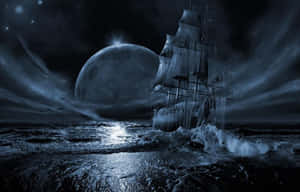 夜晚，一艘船在巨月下航行於波濤洶湧的海面。 — 海洋 壁紙
