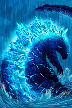 藍色哥斯拉從暴風雨的海中升起，電能沿著牠的脊椎發光。 — 哥斯拉 王者巨獸 壁紙
