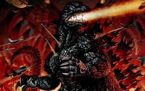 哥斯拉噴火，軍用戰鬥機和直升機在火紅的天空中攻擊他。 — MacBook Air M1 壁紙