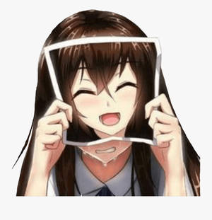 動畫女孩拿著相框放在臉上，露出燦爛的笑容。