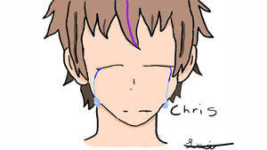 動漫角色Chris流著藍色眼淚，棕色頭髮，正在哭泣。