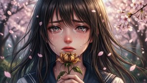 一個哭泣的動漫女孩握著一朵枯萎的玫瑰，櫻花花瓣在她周圍飄落。