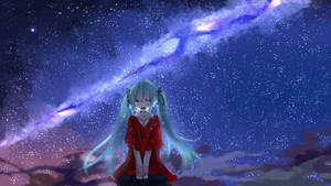 藍髮動漫女孩紅色外套星空下