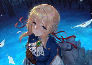 動漫女孩穿著冬季外套微笑，雪花和字母在她周圍飄浮。