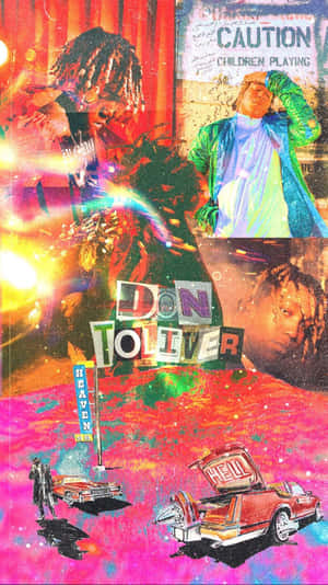 Don Toliver 拼貼畫，帶有霓虹燈汽車和塗鴉藝術，背景為迷幻風格。