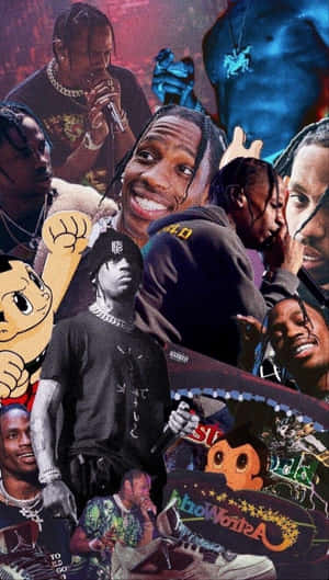 Travis Scott 拼貼畫，帶有塗鴉和卡通角色。