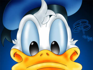 唐老鴨卡通角色，擁有大的藍色眼睛和橙色喙。