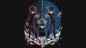 三個身穿黑色西裝的動漫男孩，在破碎的冰面上擺姿勢，身後有宇宙能量。