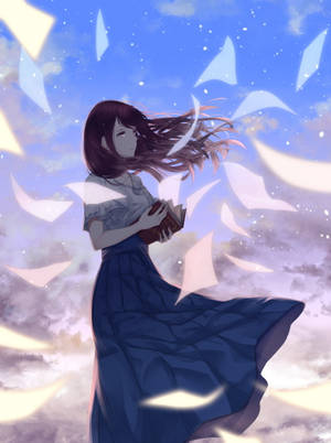 動漫女孩穿藍色連衣裙拿著書，發光的紙片漂浮在空中