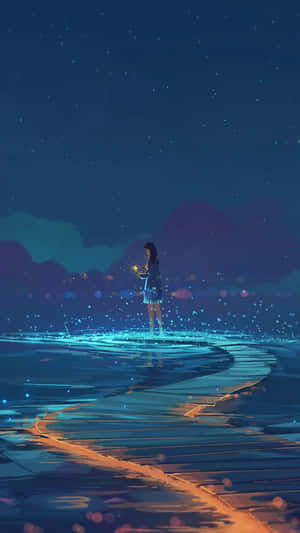 女孩在星空下水中發光小徑上提燈籠