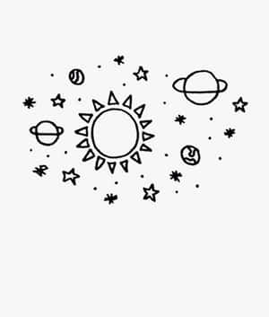 太陽、星星和行星在太空中的簡單線條圖