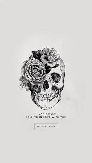頭骨以玫瑰裝飾，並附有文字 I can't help falling in love with you。