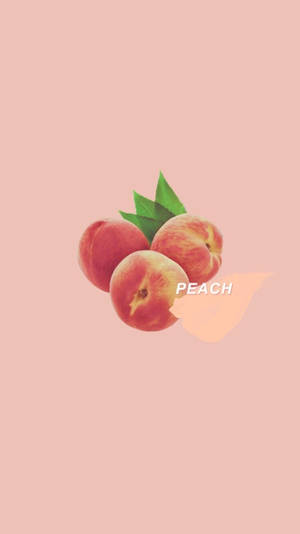 三個成熟的桃子配綠葉，放在粉紅色背景上，並帶有peach字樣。