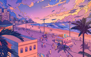 色彩繽紛的插圖木板路場景，有人們、冰淇淋車和暮色中的海洋。