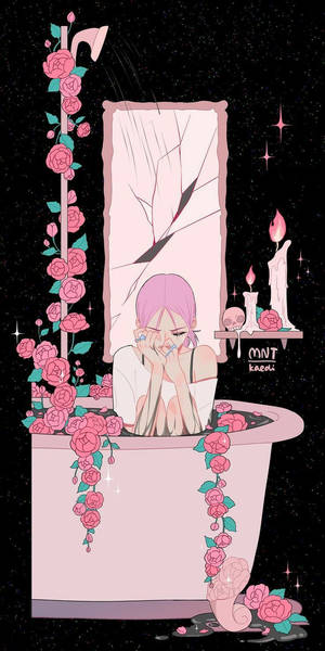 粉紅髮動漫女孩在星空下的玫瑰浴缸中，有蠟燭和頭骨。