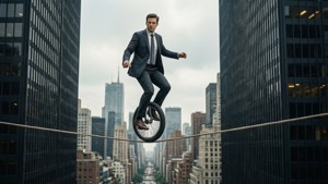 穿西裝的男子在城市摩天大樓之間的鋼索上騎獨輪車。