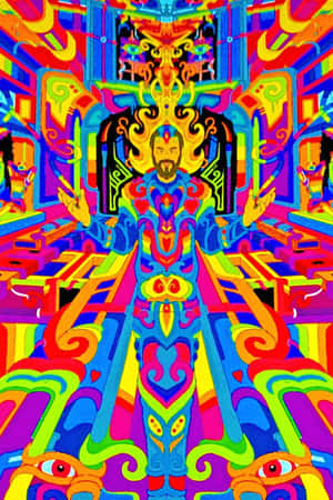 一個色彩繽紛的迷幻人物，在超現實的數碼場景中擁有對稱的眼睛和發光圖案。