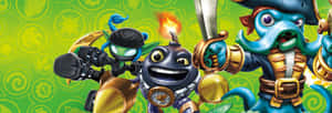 三個動畫Skylanders角色以動態姿勢手持武器並帶有表情。