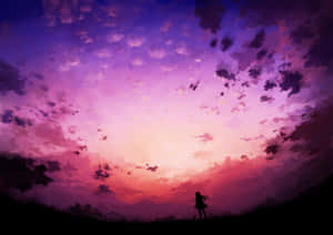 一個人獨自站在山丘上，觀賞色彩繽紛的日落天空。 — 粉紅動漫美學 壁紙