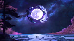 三個人站在冰上，凝視著兩條發光的魚在星空下環繞滿月。 — 勵志桌面 壁紙