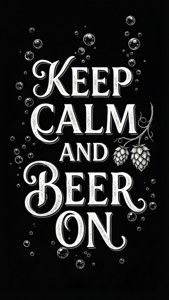 黑色背景上帶有氣泡和啤酒花球果的 keep calm and beer on 標語