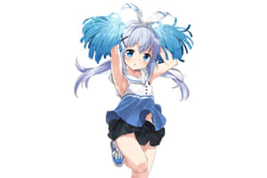 動漫女孩穿著水手服，藍色雙馬尾，開心擺姿勢