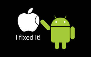 綠色Android吉祥物拿著扳手，指向Apple標誌，帶有文字I fixed it — 安卓 壁紙