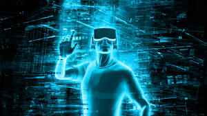 戴著VR頭戴式裝置的人與發光的數位數據流互動。