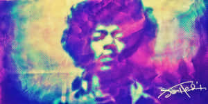 Jimi Hendrix 的風格化肖像，採用充滿活力的紫色和藍綠色，帶有半色調紋理。