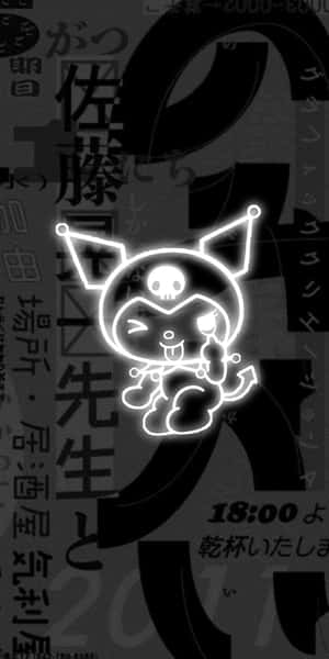 發光卡通骷髏角色，帶有惡魔角和尾巴，在深色日文文字背景上。