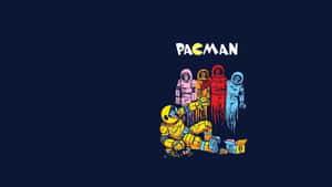 穿著太空服的 Pac-Man 正在吃 pellets，身後有四個鬼魂敵人。
