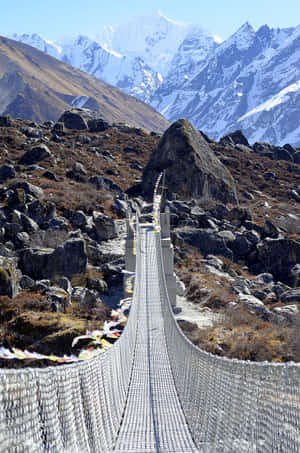 吊橋橫跨岩石山隘，遠處有白雪覆蓋的山峰。