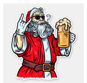 戴太陽眼鏡的聖誕老人拿著啤酒做出搖滾手勢