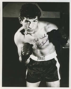 年輕拳擊手穿著Everlast短褲和手套，胸口有簽名。