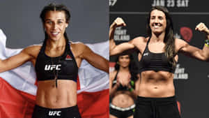兩位女性UFC拳手在稱重活動中展示肌肉並微笑。