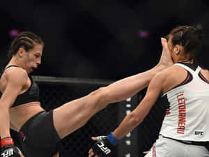 兩名女子MMA拳手在UFC比賽中於八角籠內交戰。